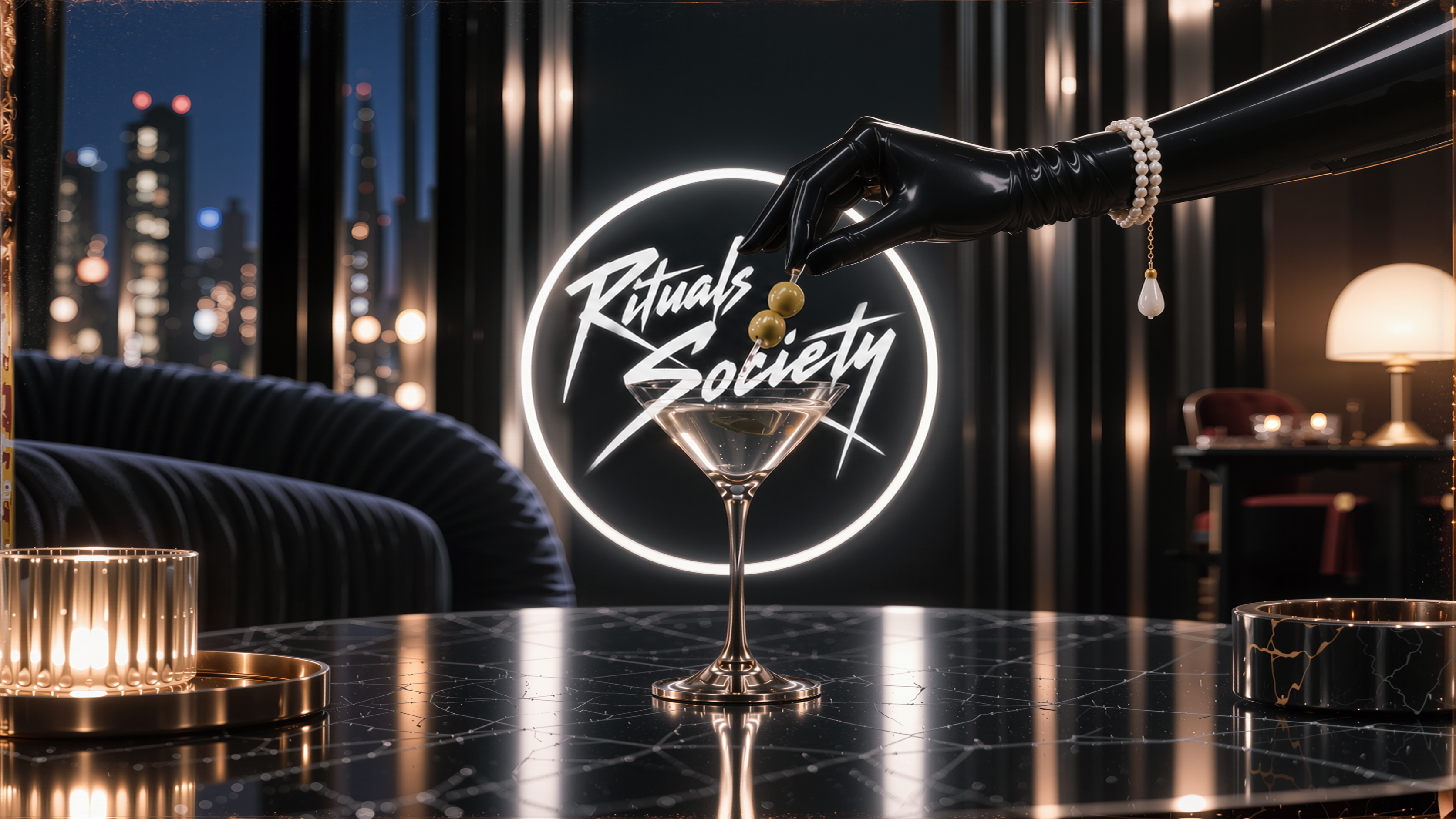 Black satin-shine glove, pearls and a martini framed by the Rituals Society halo